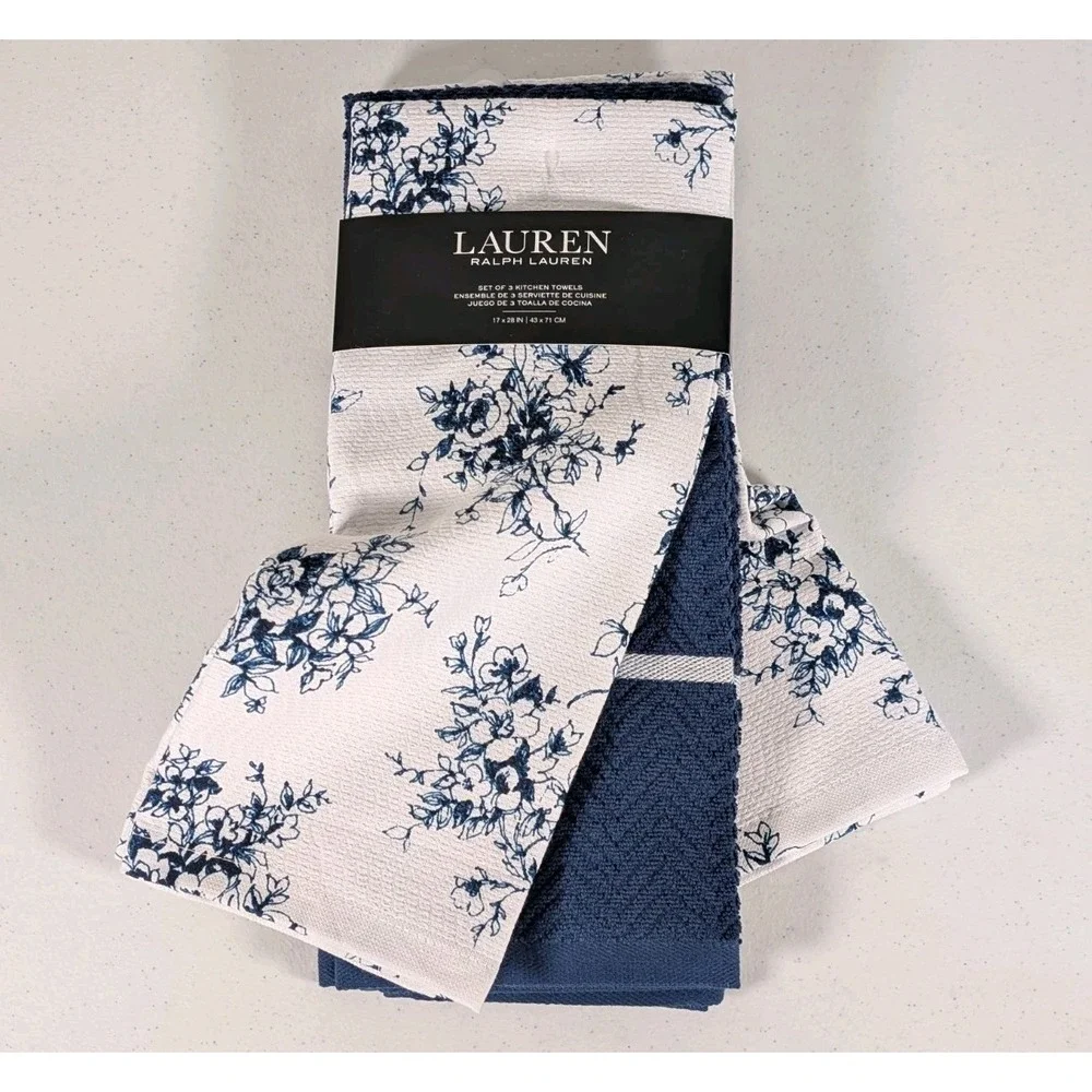 Lauren Ralph Lauren Kitchen Towels Set of 3 Blue Floral Stripe Indigo Cotton NWT
